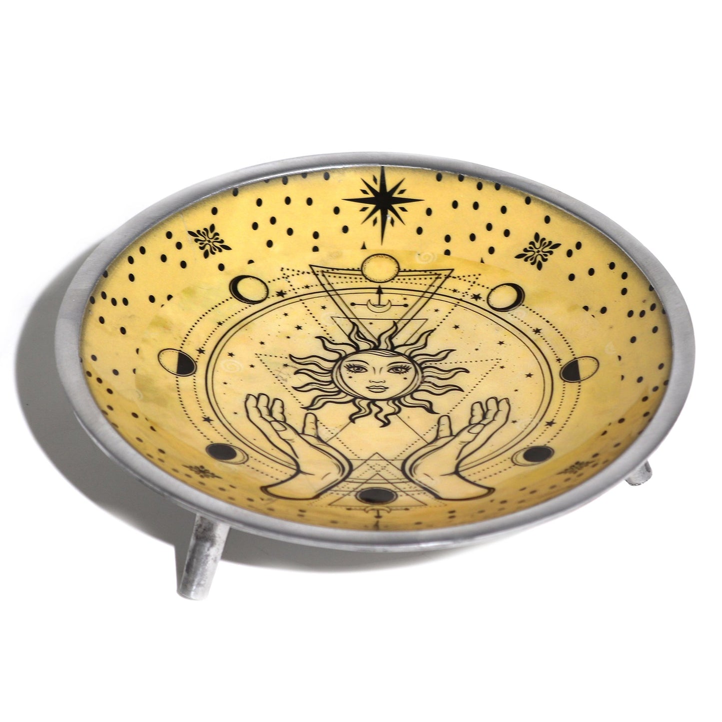 Rituelle Opferschale 'Dreifuß der Hände & Sonne' – Emaille auf Aluminium