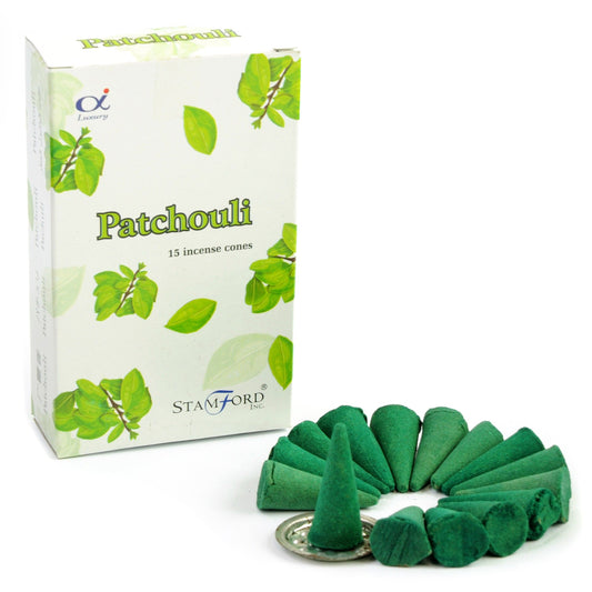 Stamford Premium Räucherkegel Patchouli – Set mit 15 Duftkegeln und Metallhalter