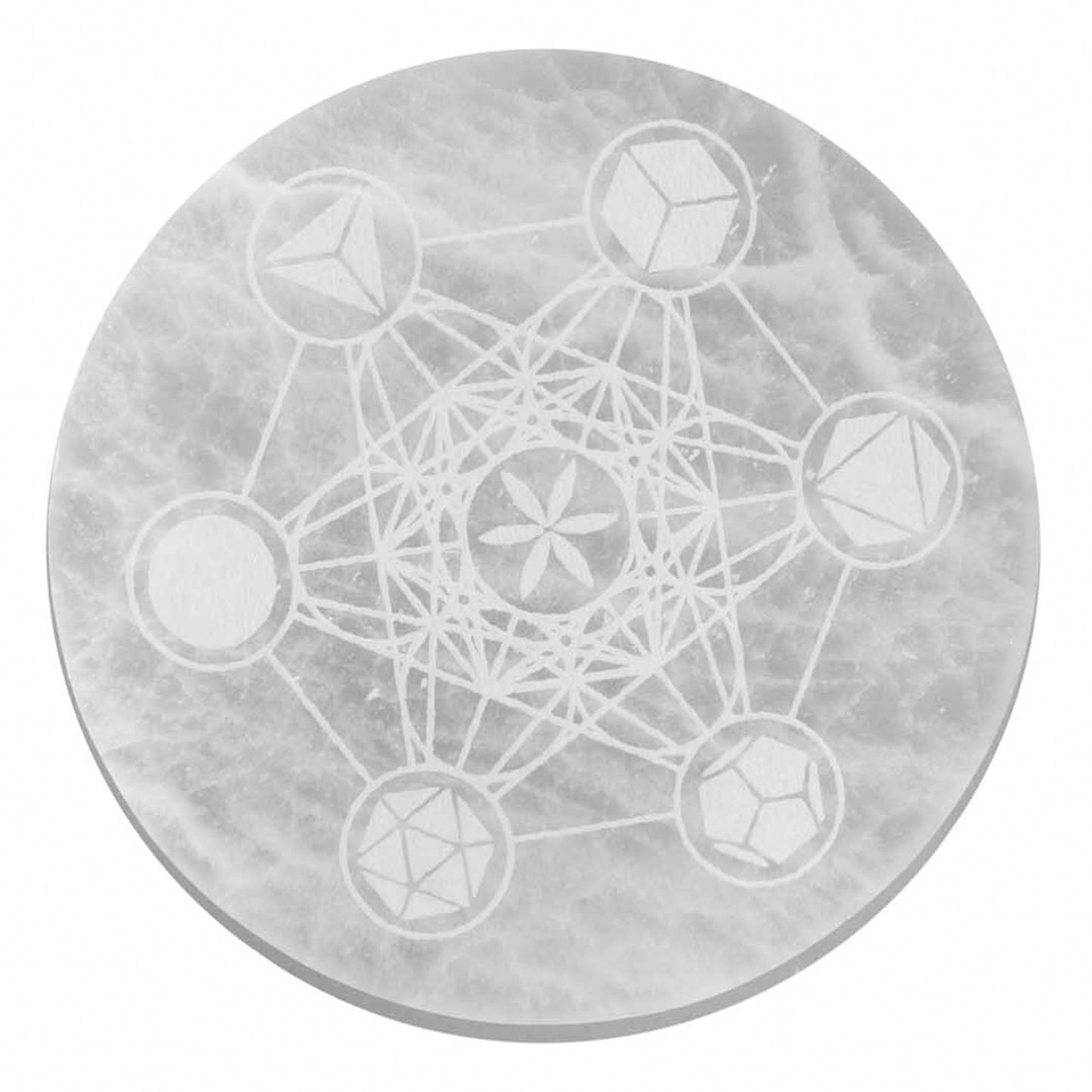 Selenit-Ladeplatte 'Heilige Geometrie' – 18 cm handgeschnitzt