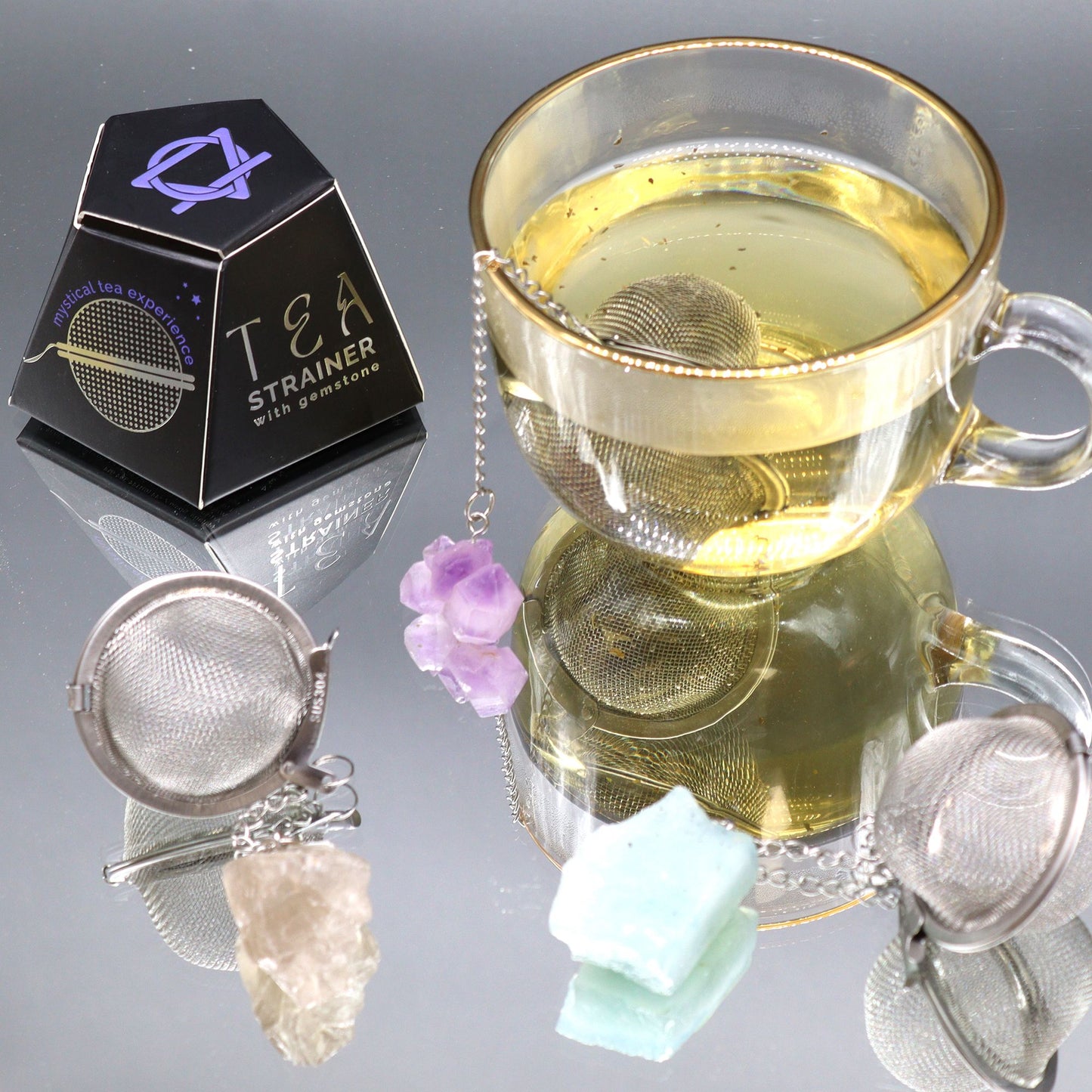 Rosenquarz Tee-Infusor aus Edelstahl mit natürlichem Edelstein
