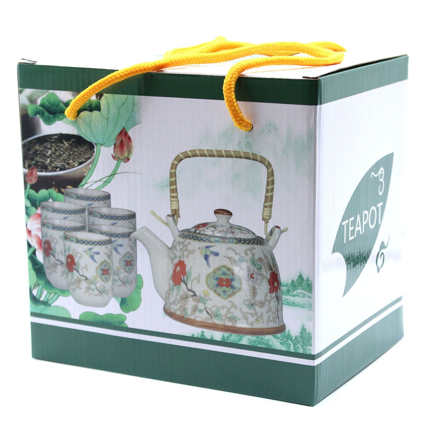Keramik-Teekannenset White Stone Oriental – 6 Tassen & Sieb inklusive