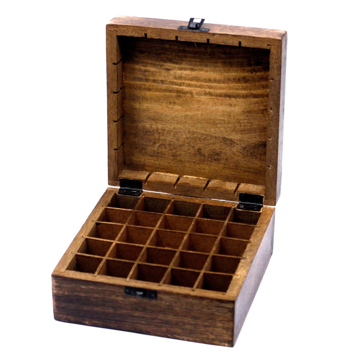 Mangoholz-Box mit Blumenmotiv für 25 Aromaöle – Handgeschnitztes Naturdesign