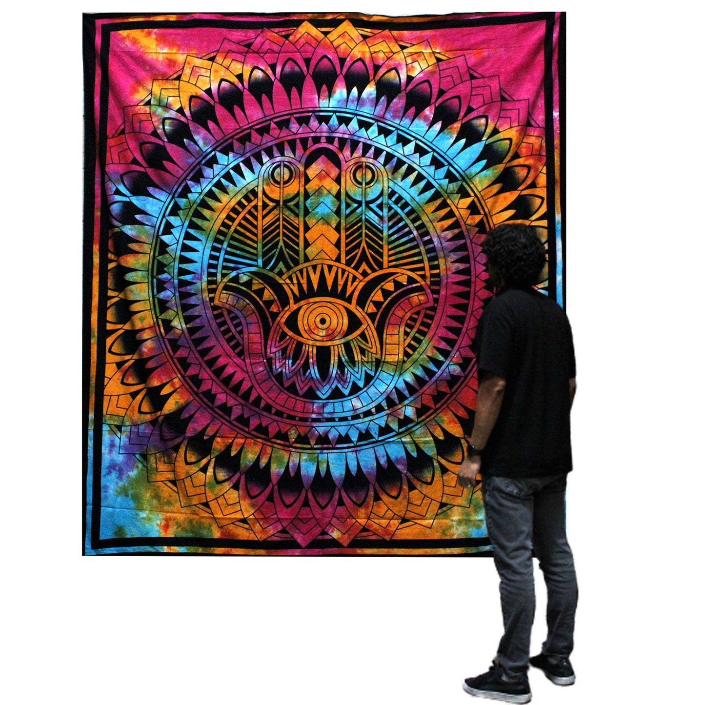 Hamsa Baumwolltagesdecke & Wandbehang – Handgefertigte Doppeldecke in leuchtenden Farben