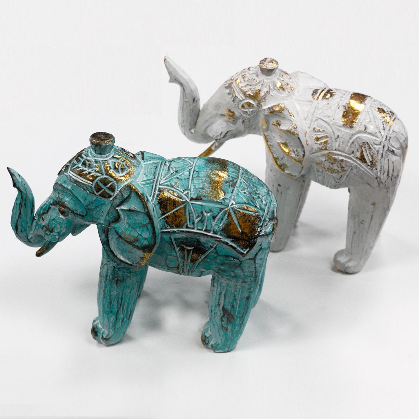 Handgeschnitzter Elefant in Türkis & Gold - Holzfigur aus Bali
