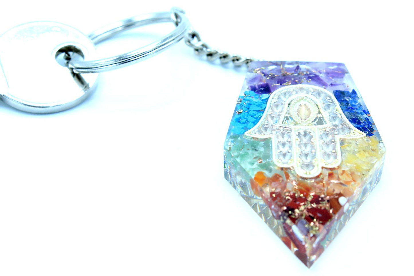 Hamsa Hand Orgonit Schlüsselanhänger mit Chakra Edelsteinen – Schutz & Harmonie