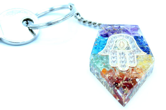 Hamsa Hand Orgonit Schlüsselanhänger mit Chakra Edelsteinen – Schutz & Harmonie