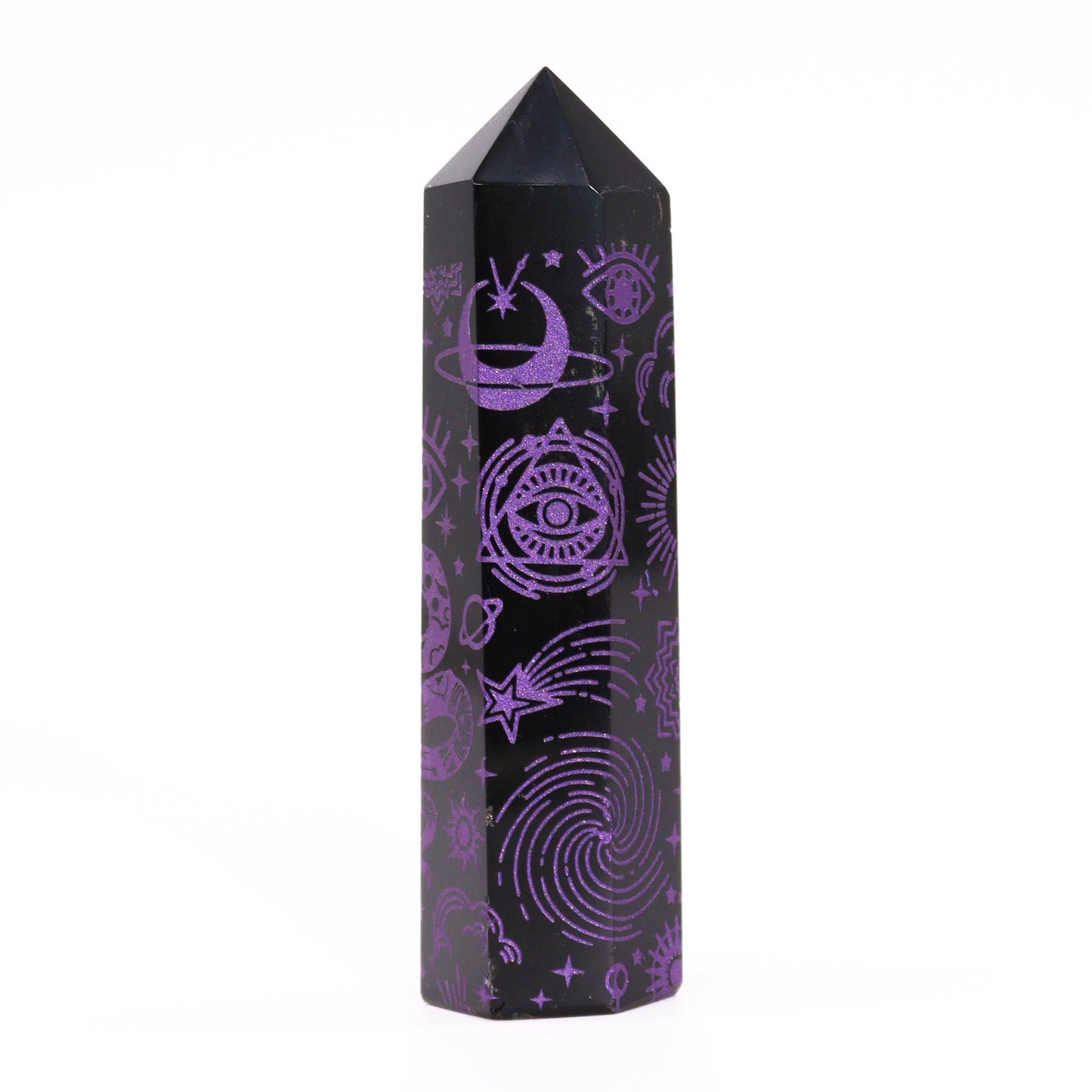 Obsidian-Obelisk 'Mystic Story' in Tiefviolett – Handgravierte Energiespitze