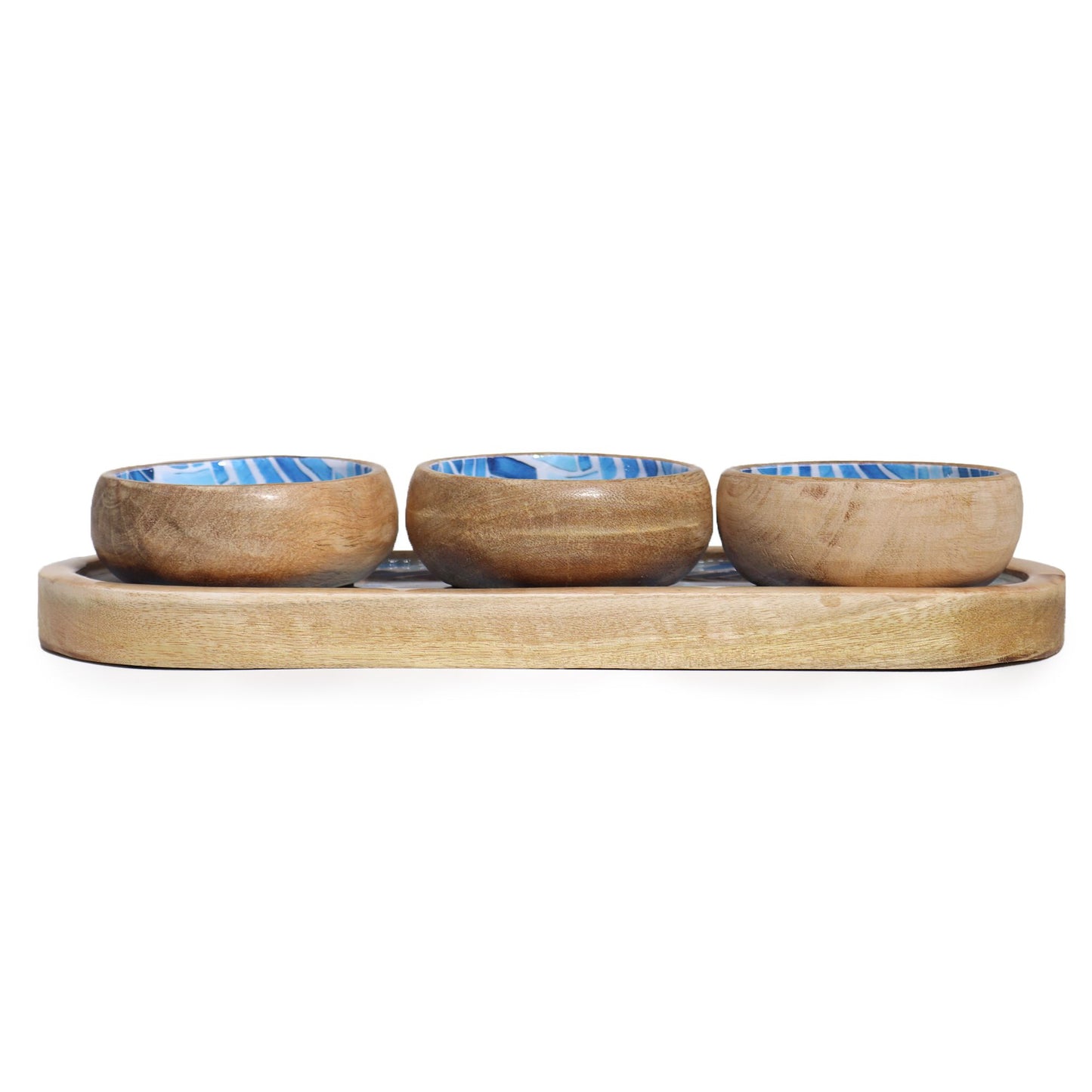 Mangoholz Tablett-Set mit 3 Schalen - Handbemaltes Blau-Weiß Streifendesign
