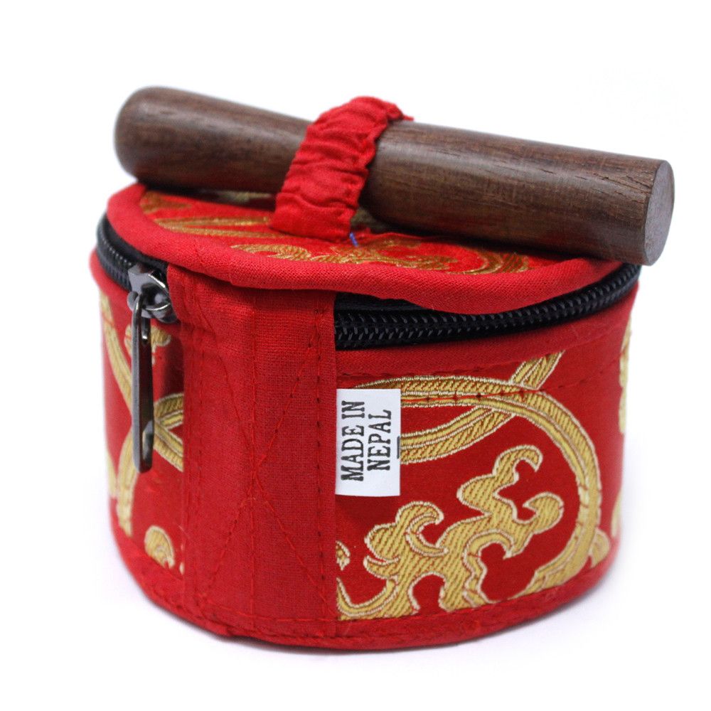 Mini-Klangschale aus Messing in Rot mit Holzschlägel und Geschenkbeutel