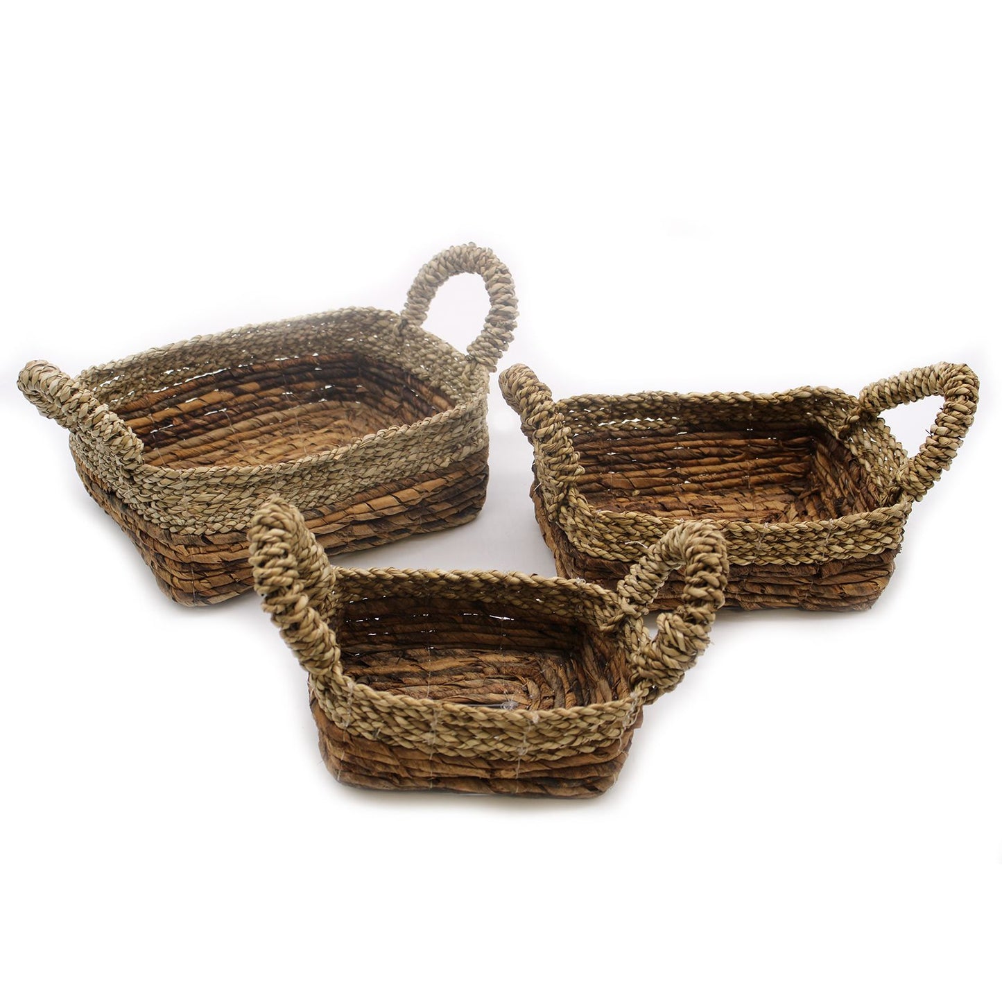 Set mit 3 quadratischen Körben aus Bananenblatt & Seegras – Handgeflochten, 27x21x18 cm