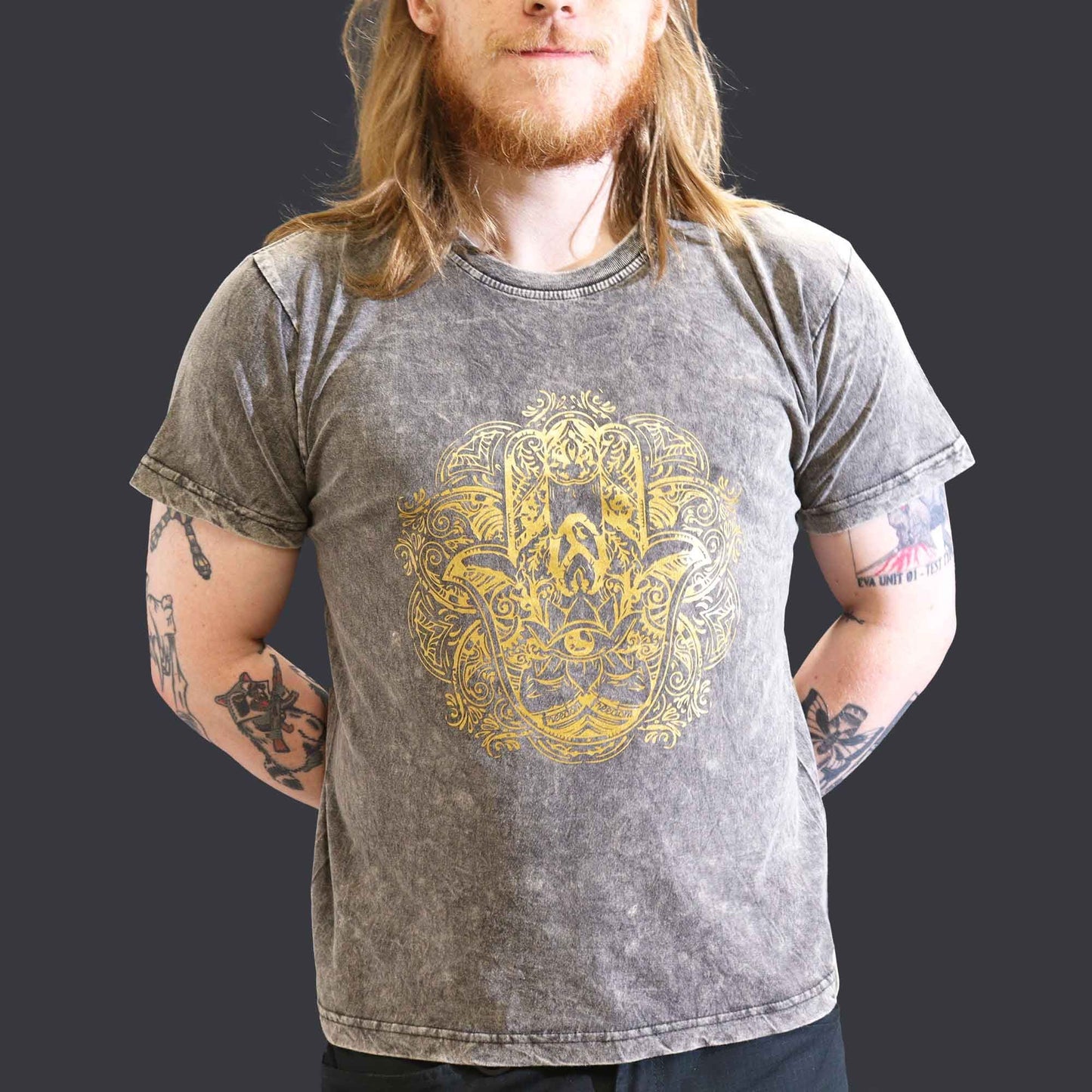Hamsa Symbol T-Shirt Dunkelgrau - Stone Washed Baumwolle mit Relaxed Fit