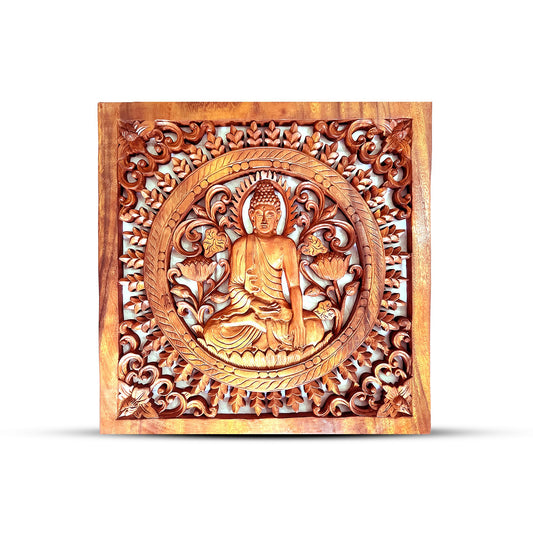 Handgeschnitztes Buddha Wandpanel aus Suar-Holz | 40 x 40 cm | Einzelstück