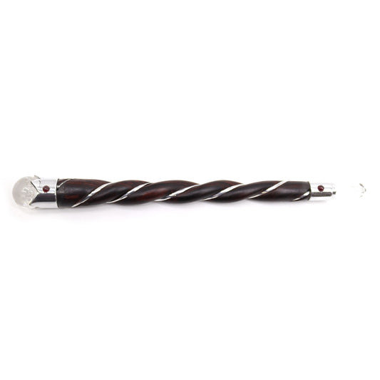 Handgefertigter Energie-Stab aus Holz & Bergkristall – Verdrehte Form