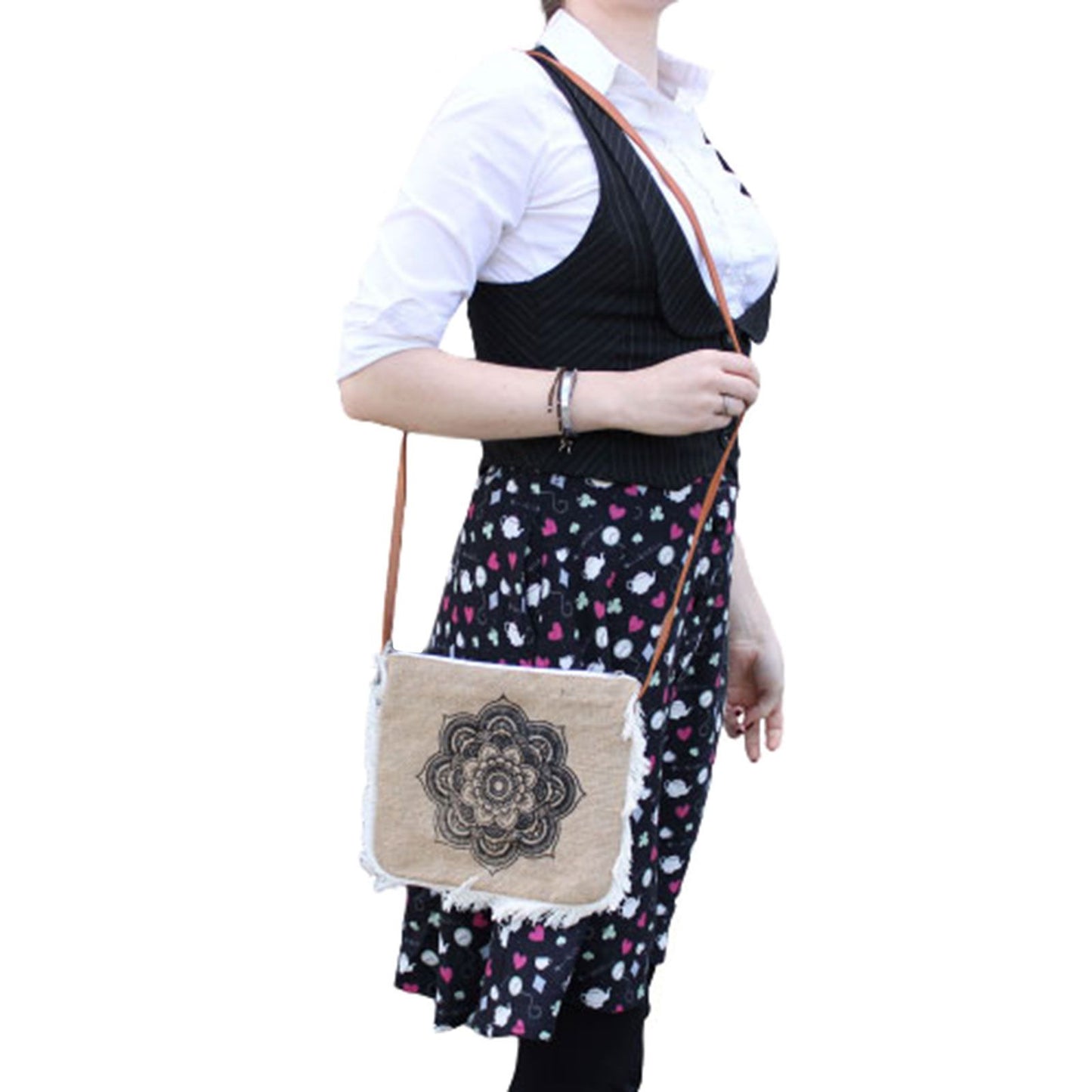 Mandela-Motiv Jutetasche mit Fransen – Handgestickter Naturlook