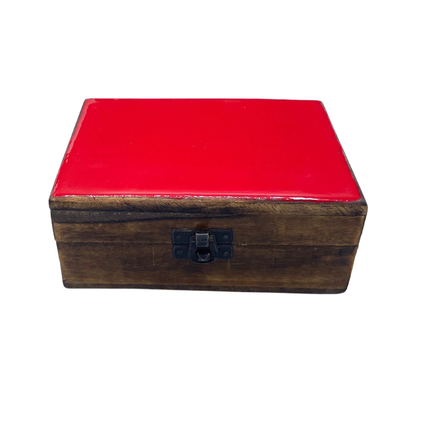 Handgefertigte Keramik-Holzkiste in Rot | Mangoholz | 15x10x6 cm