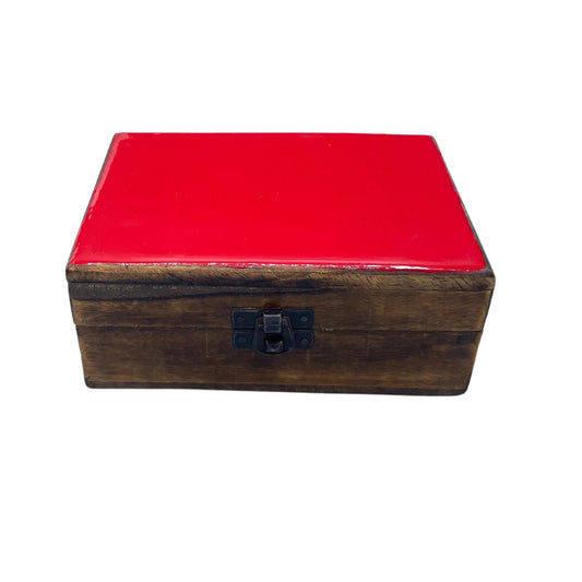 Handgefertigte Keramik-Holzkiste in Rot | Mangoholz | 15x10x6 cm