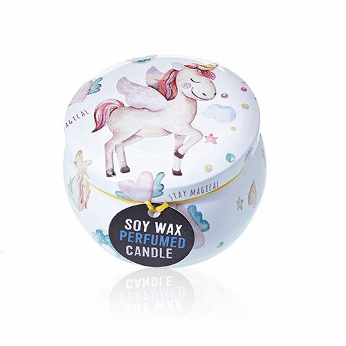Einhorn-Duftkerze aus Sojawachs in edler Zinndose