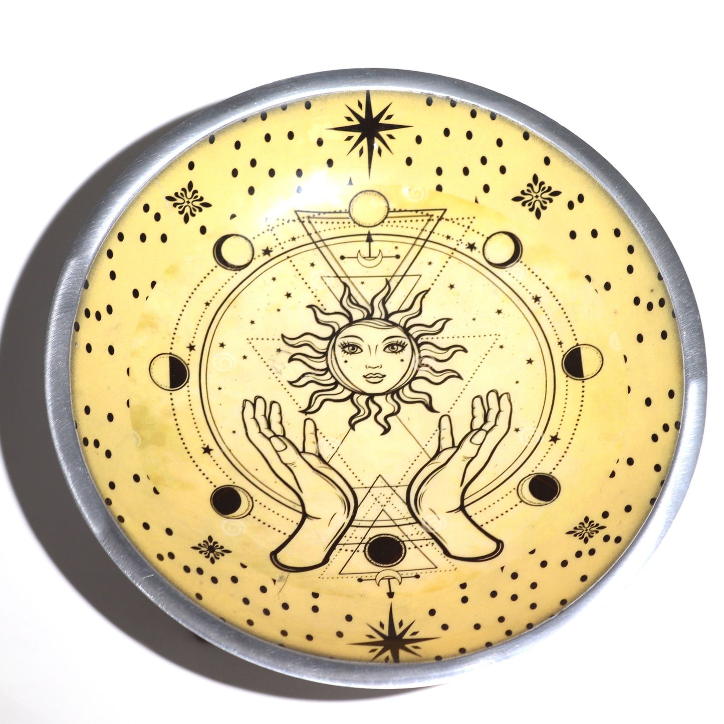 Rituelle Opferschale 'Dreifuß der Hände & Sonne' – Emaille auf Aluminium