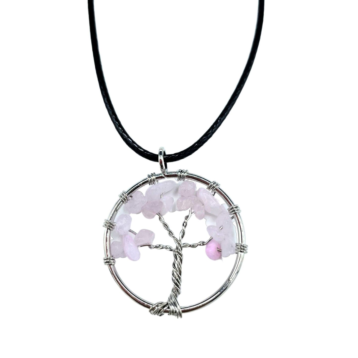 Lebensbaum-Anhänger aus Rosenquarz – Handgefertigter Talisman mit Lederbändchen