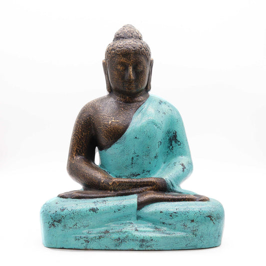 Buddha Statue Türkis & Steinoptik 50cm - Handgefertigte Faserzement-Figur