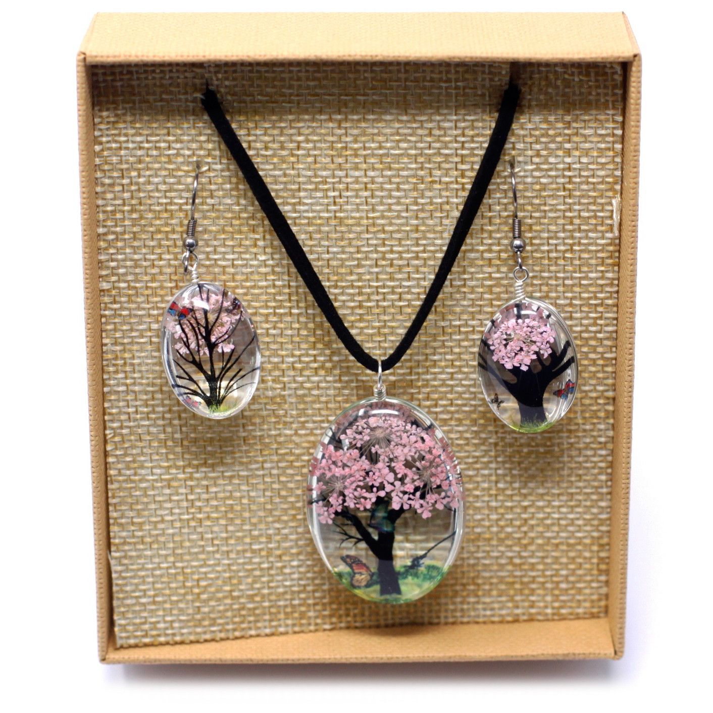 Schmuckset 'Baum des Lebens' mit echten rosa Blüten - Halskette & Ohrstecker