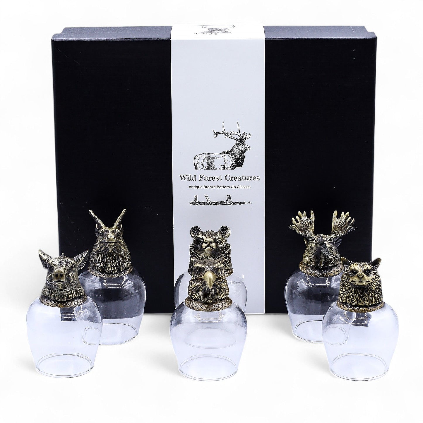 Set mit 6 mystischen Tierglasbechern - Dekoratives Trinkglas mit Antik-Bronze-Fuß