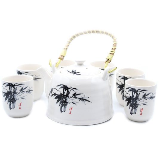 Keramik-Teekannenset White Stone Oriental – 6 Tassen & Sieb inklusive