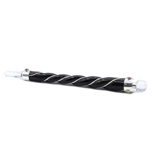 Goldener Engel-Chakra Stab – Handgefertigter Kristallstab aus Teakholz & Silber