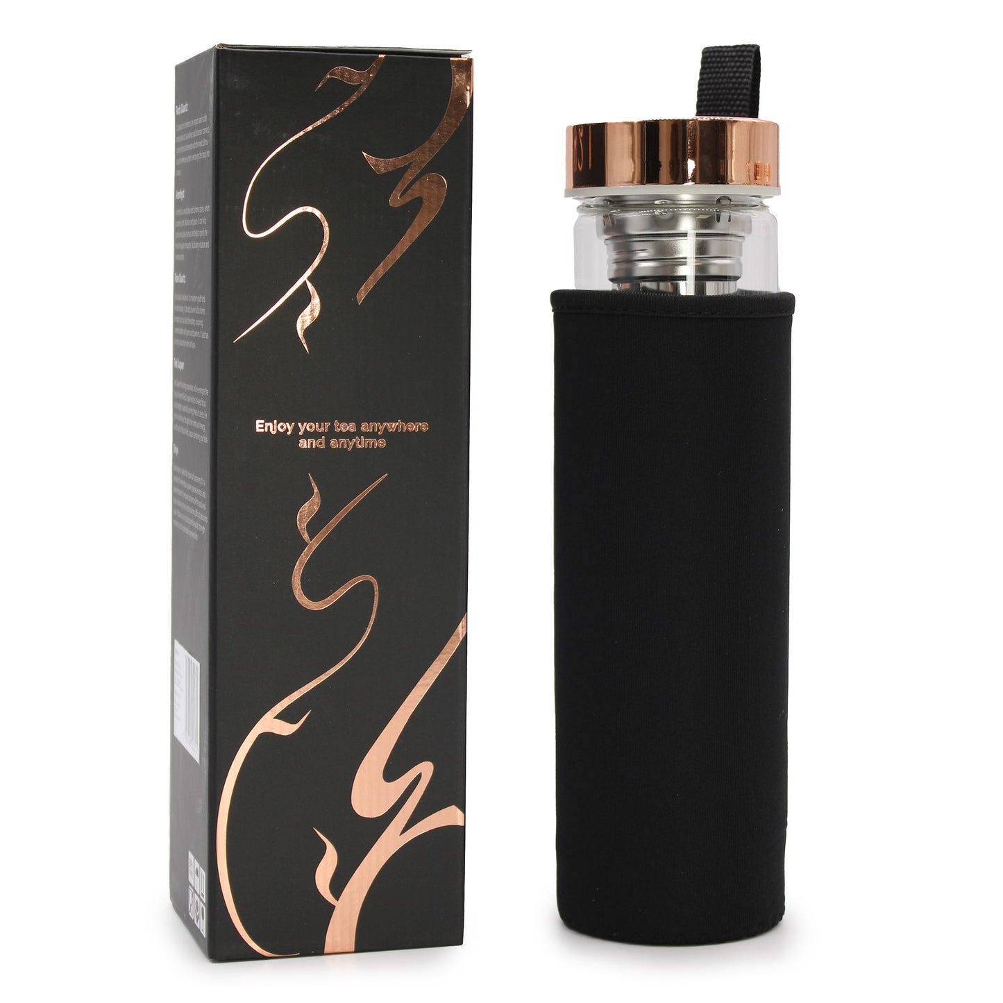 Glasflasche mit Teefilter – Rosenquarz-Design & Roségold-Deckel inkl. Schutzhülle