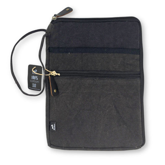 Laptoptasche Stonewash Travel in Anthrazit – Handgefertigt aus Jute & Baumwolle für Geräte bis 24x33 cm
