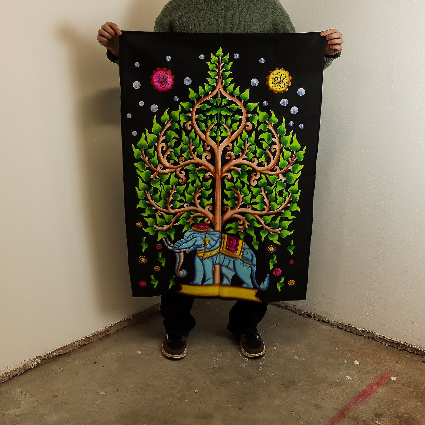 Wandbild 'Baum des Lebens mit Elefant' – 70 x 110 cm aus Baumwolle