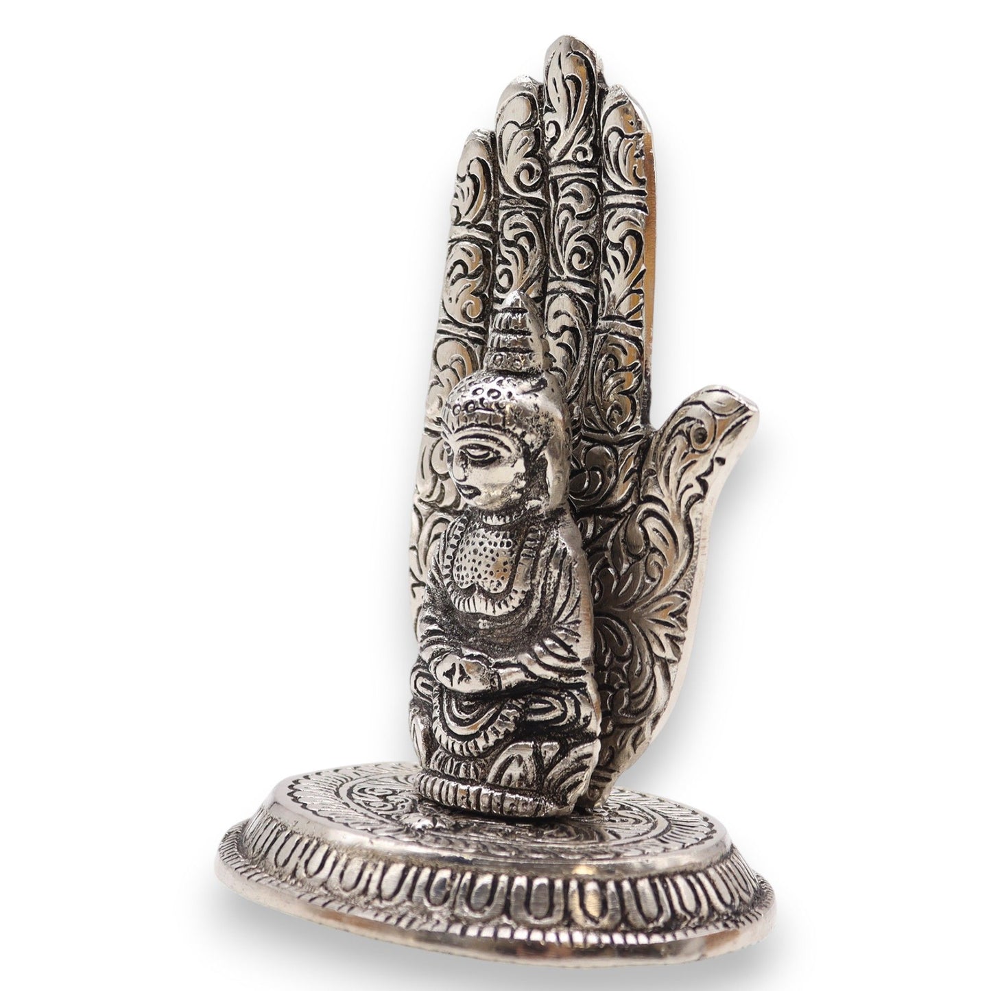 Räucherstäbchenhalter 'Buddha-Hand' aus poliertem Aluminium – 13 x 9 cm