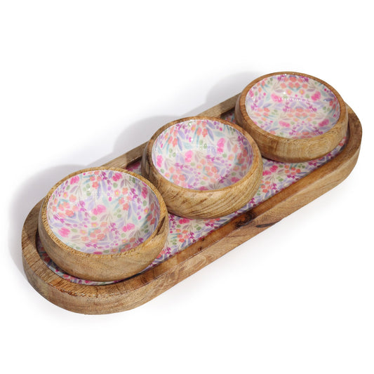Servierset 'Pretty Floral' aus Mangoholz mit 3 Schalen