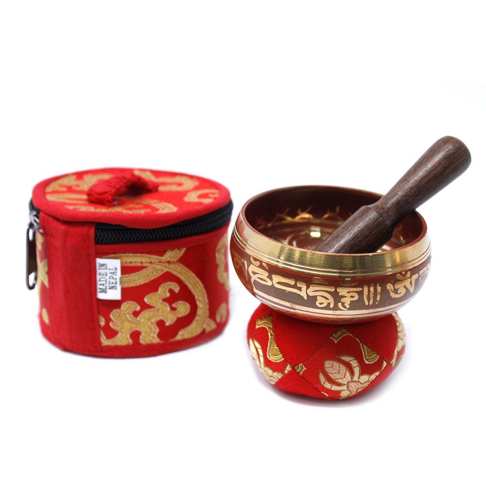 Mini-Klangschale aus Messing in Rot mit Holzschlägel und Geschenkbeutel