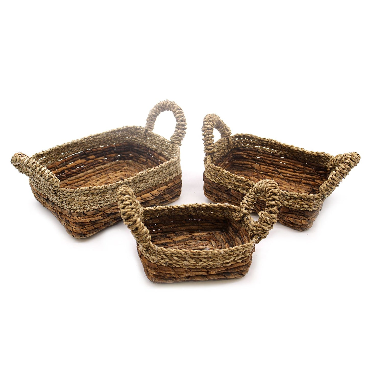 Set mit 3 quadratischen Körben aus Bananenblatt & Seegras – Handgeflochten, 27x21x18 cm