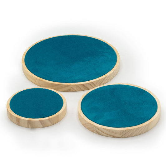 Präsentations-Set mit drei Runddisplays in Samt & Holz (10, 15, 20 cm)
