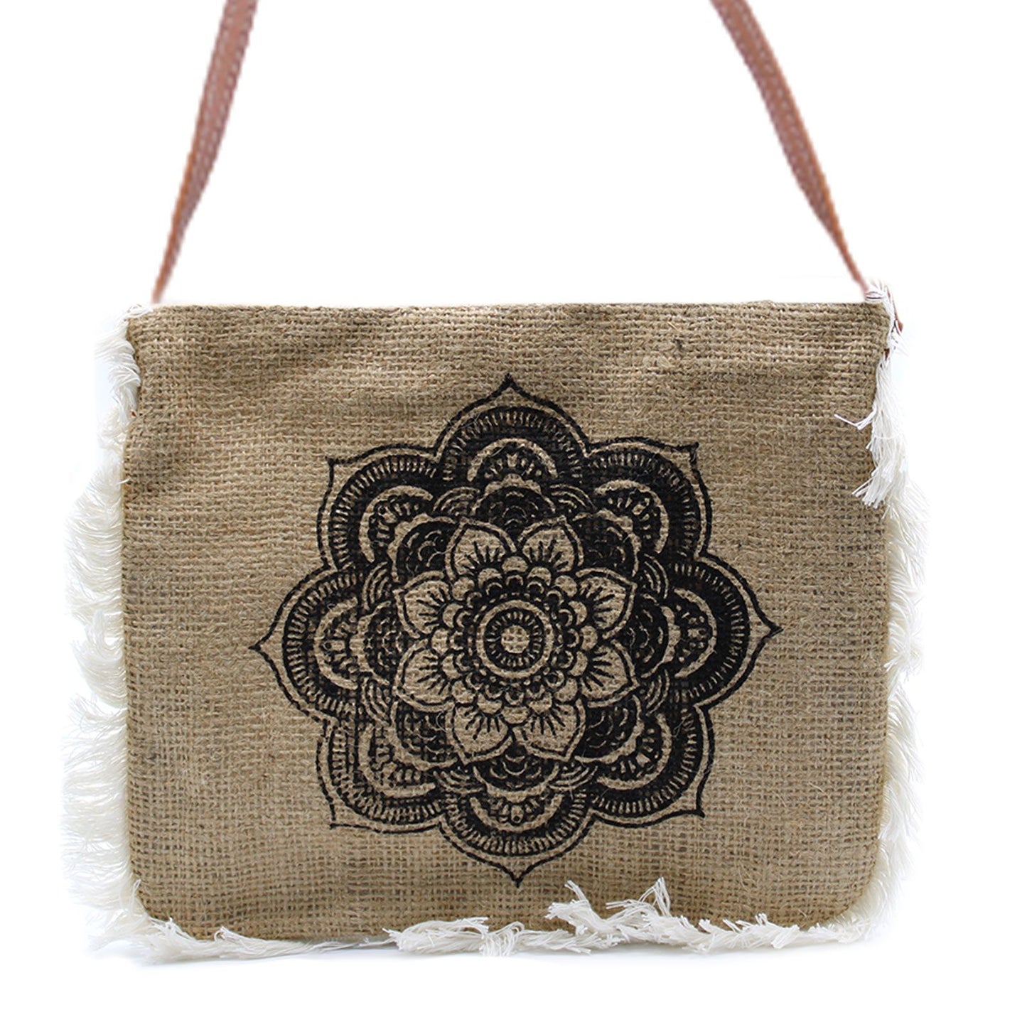 Mandela-Motiv Jutetasche mit Fransen – Handgestickter Naturlook