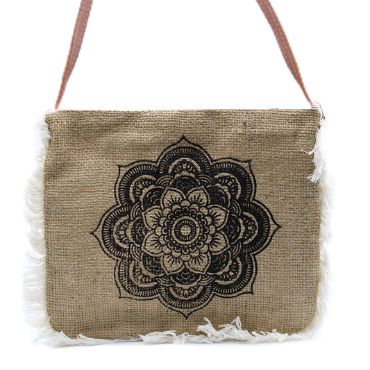 Mandela-Motiv Jutetasche mit Fransen – Handgestickter Naturlook