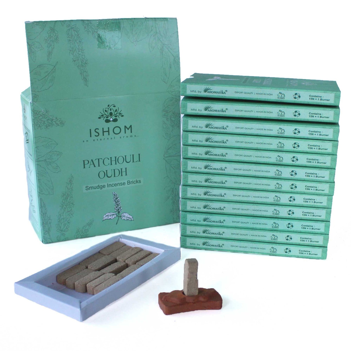 Natürliche Patchouli-Räucherziegel mit Terrakotta-Halter – 15 Stück Set