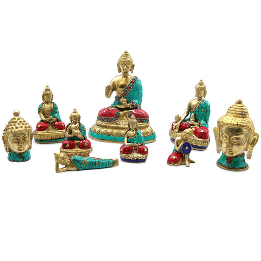 Handgefertigte Buddha-Figur aus Messing in liegender Haltung, 10 cm, mit Türkis und Howlit