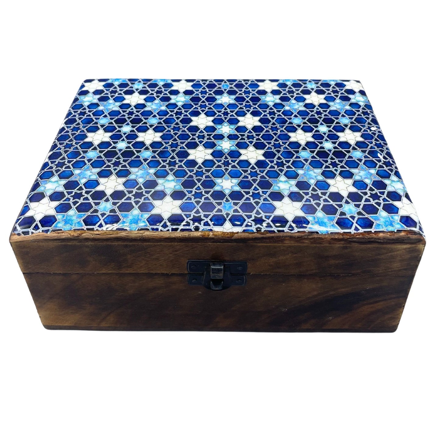 Keramik-Holzschatulle 'Blaue Sterne' - Handgefertigte Aufbewahrungsbox aus Mangoholz 20x15x7,5 cm
