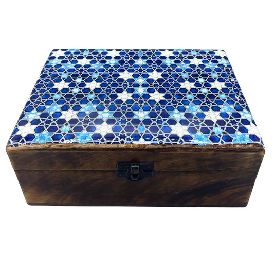 Keramik-Holzschatulle 'Blaue Sterne' - Handgefertigte Aufbewahrungsbox aus Mangoholz 20x15x7,5 cm