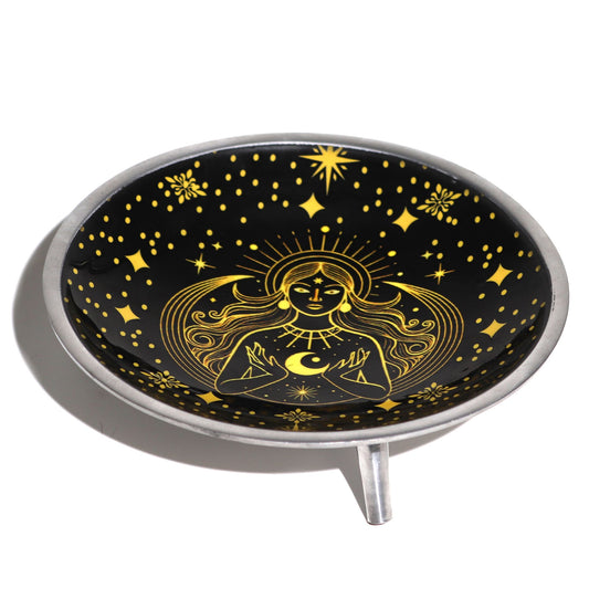 Dreibeiniger Altarteller 'Goldene Göttin' – Mystischer Opferteller in Schwarz