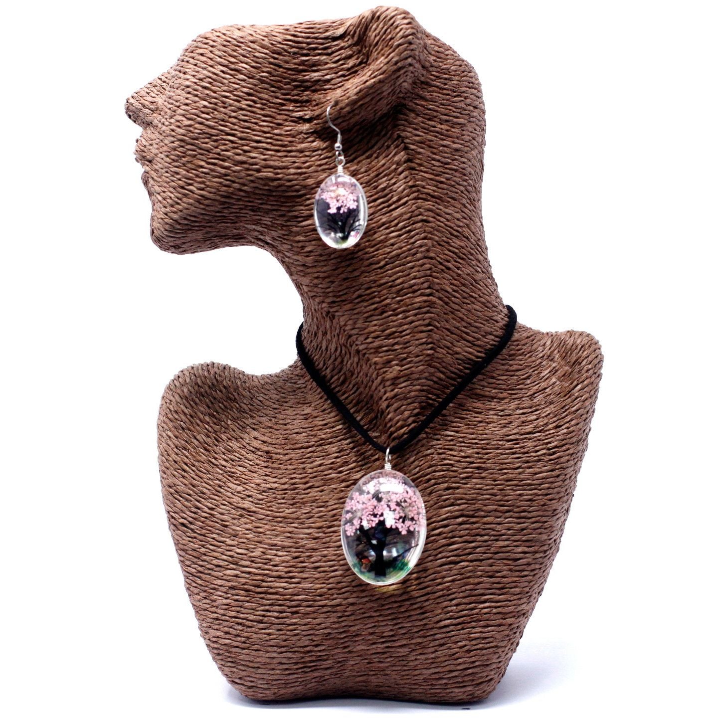 Schmuckset 'Baum des Lebens' mit echten rosa Blüten - Halskette & Ohrstecker