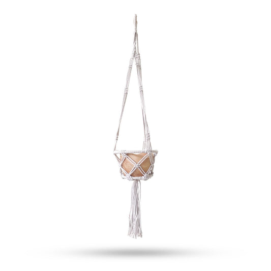 Handgeknüpfter Makramee-Pflanzenträger mit Holzring - 16 cm, Natur