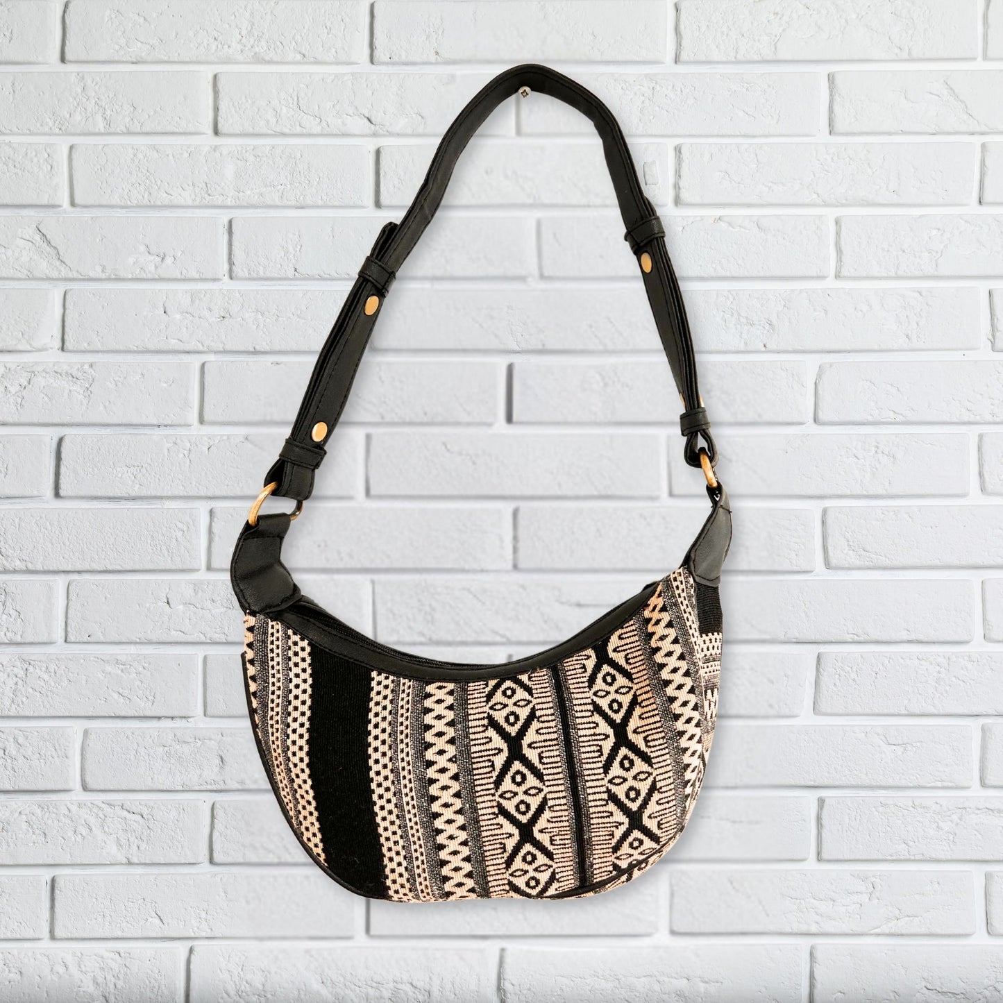 Jacquard Hobo Bag Metro Grau - Baumwolltasche mit schwarzem Trageriemen