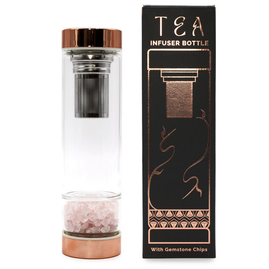 Glasflasche mit Teefilter – Rosenquarz-Design & Roségold-Deckel inkl. Schutzhülle
