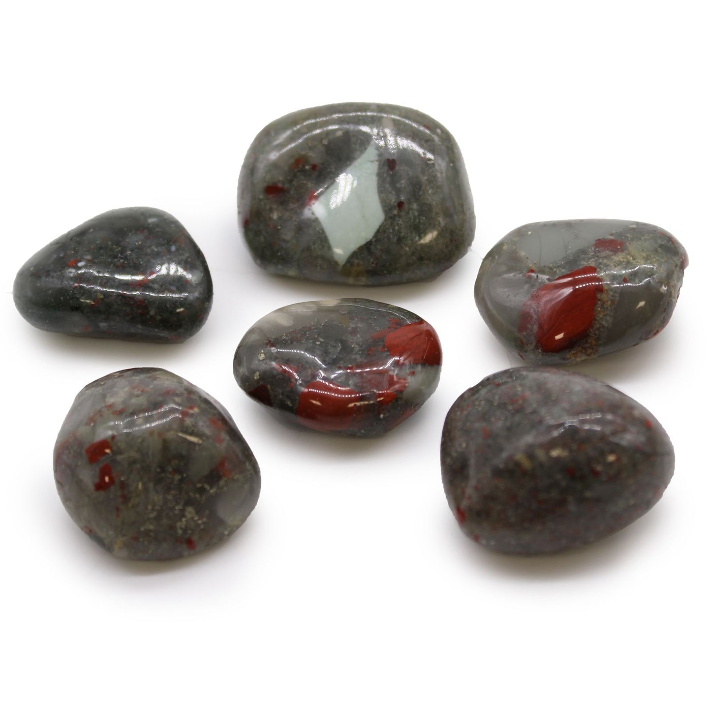 Set mit 6 afrikanischen Trommelsteinen aus Blutstein (Sephtonite)