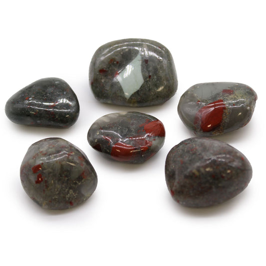 Set mit 6 afrikanischen Trommelsteinen aus Blutstein (Sephtonite)