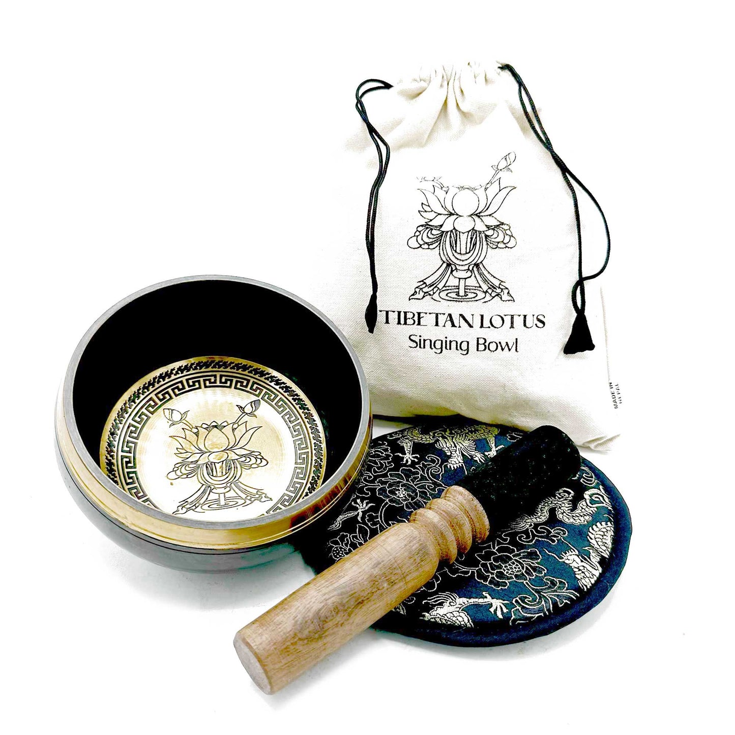 Klangschalen-Set mit Lotusgravur – 14 cm Messing inklusive Zubehör